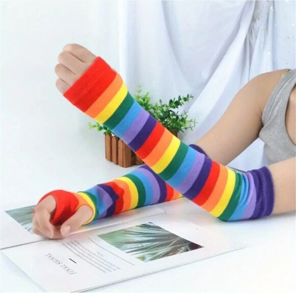 Rainbow fingerless gloves sleeves thumb hole multicolor accessory - Picture 3 of 6